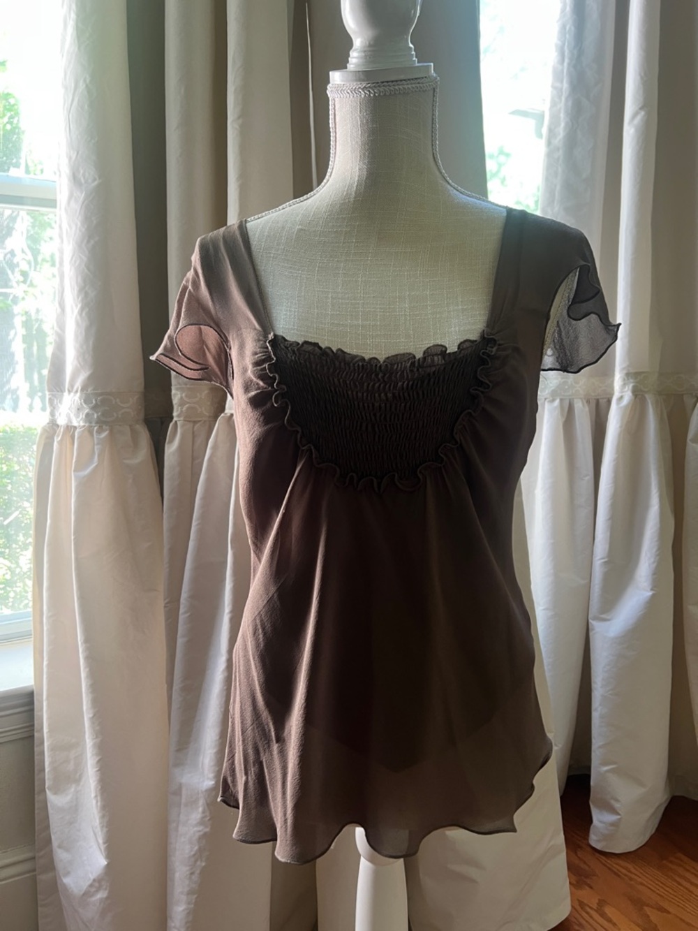 M.S.S.P.  Women's Brown Ruffled Square-Neck sheer top with camisole sized medium
